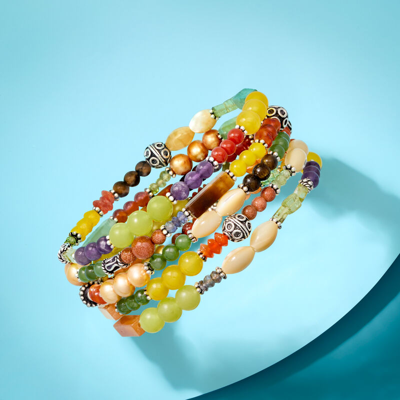 Multi-Gemstone Jewelry Set: Five Bead Stretch Bracelets with Sterling Silver image number 2