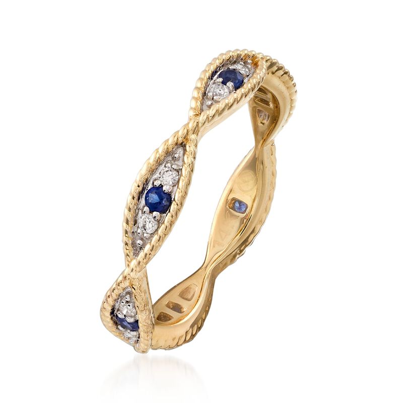 .12 ct. t.w. Diamond and .10 ct. t.w. Sapphire Milgrain Twist Eternity Band in 14kt Yellow Gold image number 2