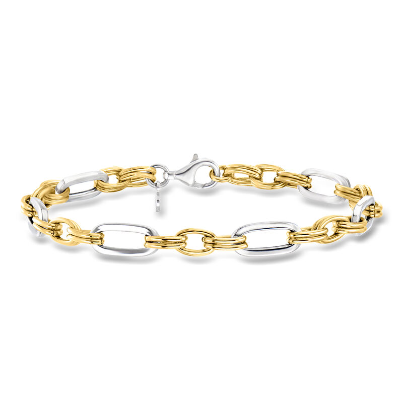Italian Sterling Silver and 18kt Gold Over Sterling Alternating Cable and Paper Clip Link Bracelet image number 0