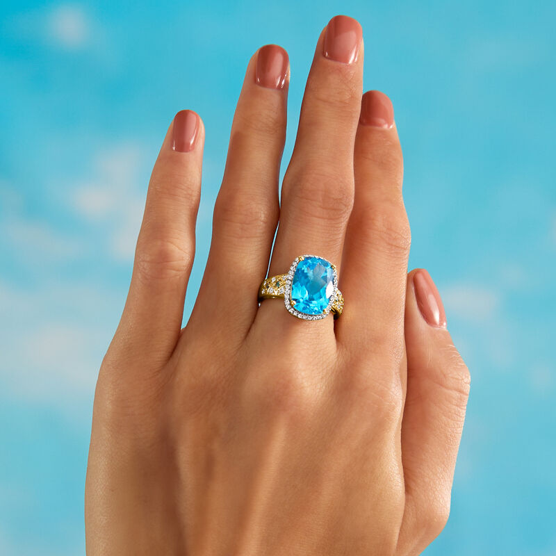 8.00 Carat Swiss Blue Topaz Ring with .34 ct. t.w. Blue and White Diamonds in 14kt Yellow Gold image number 5