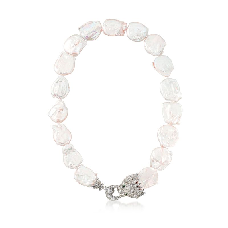 18-23mm Cultured Baroque Pearl and 6.83 ct. t.w. White Topaz Panther Necklace with Sterling Silver image number 2