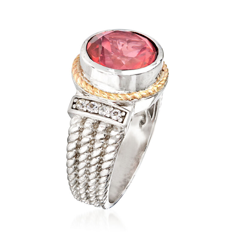 3.60 Carat Pink Quartz and .10 ct. t.w. White Topaz Two-Tone Ring image number 2