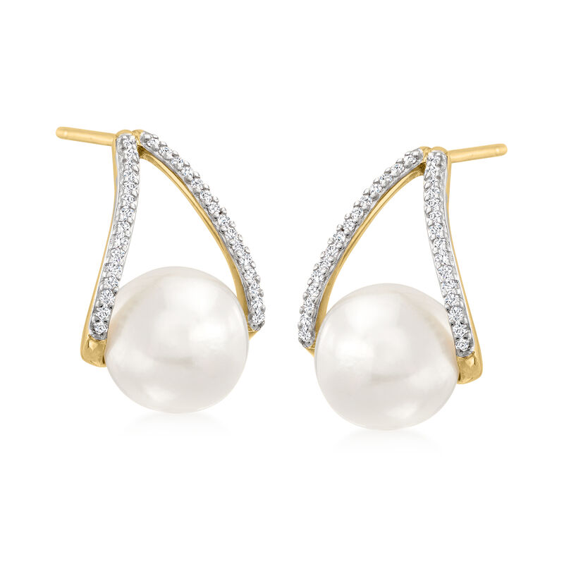 8-8.5mm Cultured Pearl and .12 ct. t.w. Diamond Drop Earrings in 14kt Yellow Gold image number 3