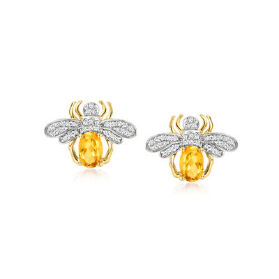 .80 ct. t.w. Citrine and .25 ct. t.w. Diamond Bumblebee Earrings in 14kt Yellow Gold