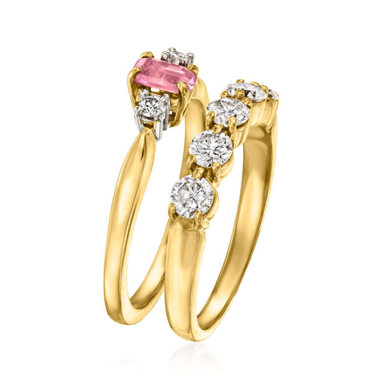 C. 1990 Vintage .25 Carat Pink Tourmaline and .85 ct. t.w. Diamond Bridal Set: Engagement and Wedding Rings in 18kt Yellow Gold. Size 6.5 image number 2