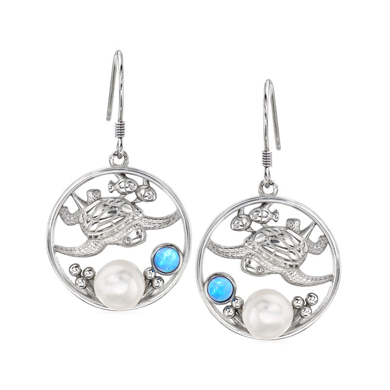Cultured Button Pearl and Synthetic Blue Opal Drop Earrings in Sterling Silver image number 0