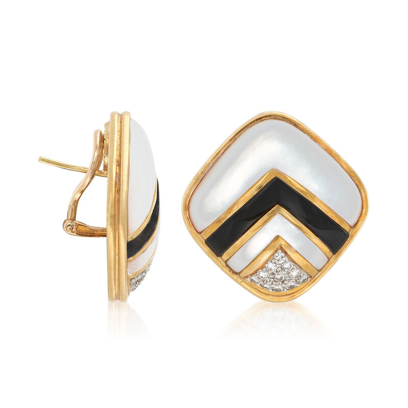 C. 1980 Vintage Black Onyx and .55 ct. t.w. Diamond Earrings with Mother-Of-Pearl in 18kt Gold  image number 2