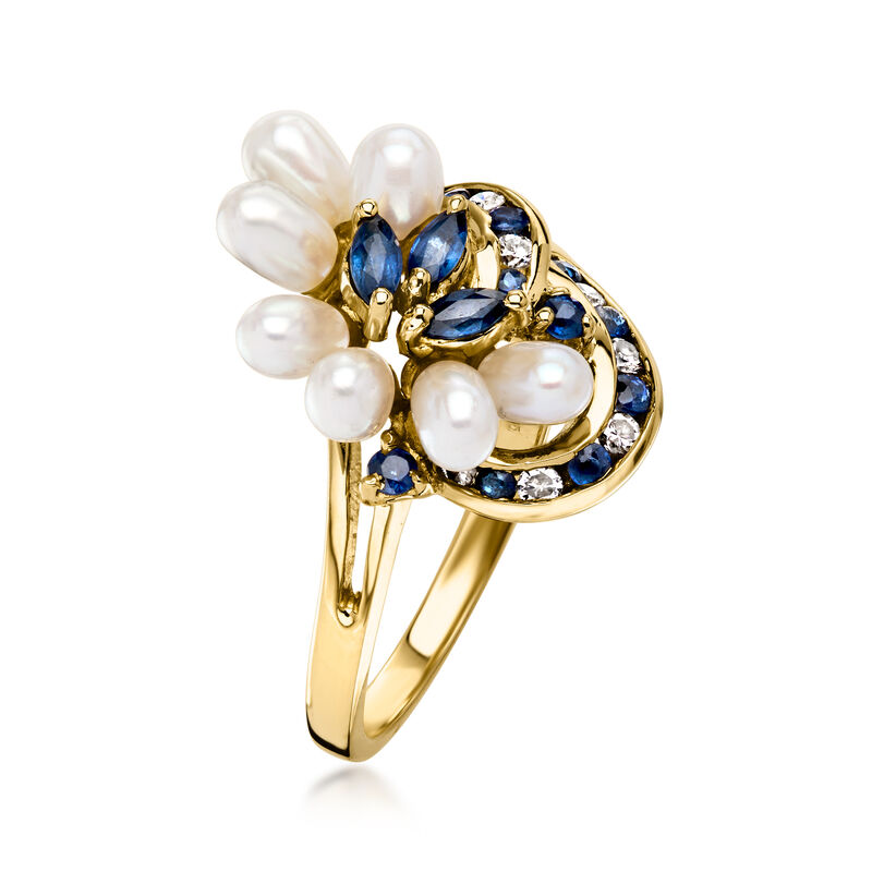 C. 1980 Vintage Cultured Pearl, .37 ct. t.w. Sapphire and .14 ct. t.w. Diamond Ring in 18kt Yellow Gold. Size 6.75 image number 2