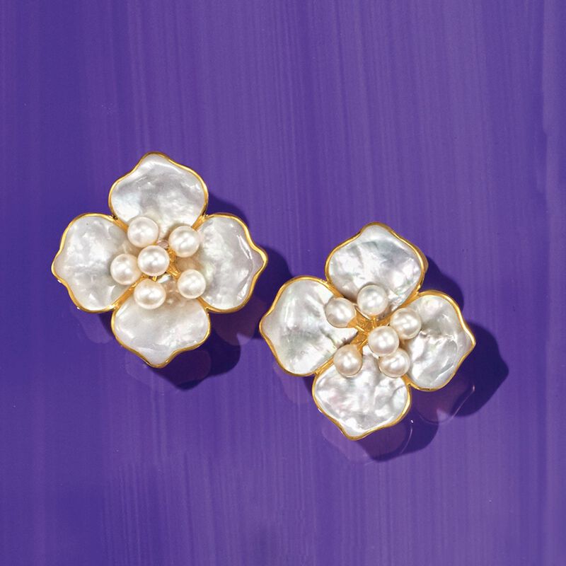 2-4mm Cultured Pearl Flower Earrings with Mother-Of-Pearl in 14kt Yellow Gold image number 3