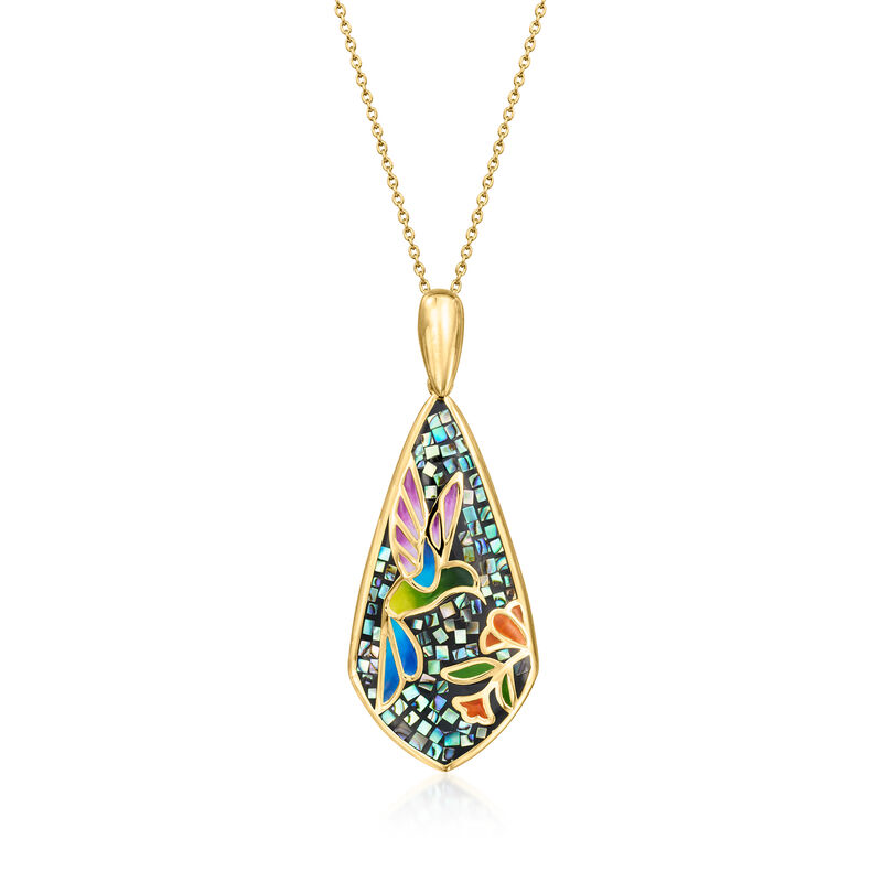 Multicolored Enamel and Abalone Shell Hummingbird Mosaic Pendant Necklace in 18kt Gold Over Sterling. 18&quot; image number 1