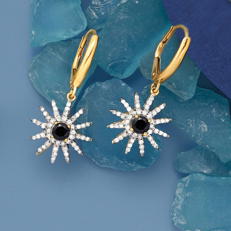 .50 ct. t.w. Sapphire and .49 ct. t.w. Diamond Sun Charm Drop Earrings in 18kt Yellow Gold Over Sterling Silver image number 2