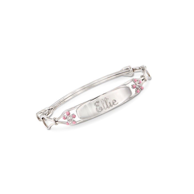 Child's Sterling Silver Personalized ID Bracelet with Pink Enamel Flowers image number 0