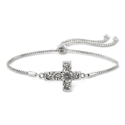 Sterling Silver Bali-Style Floral Cross Bolo Bracelet