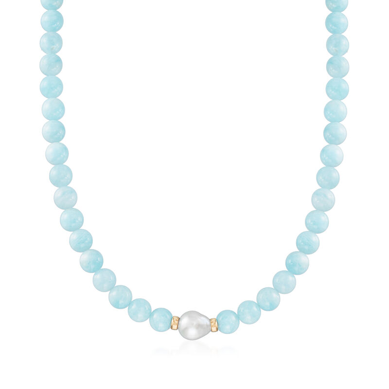 12-13mm Cultured Baroque Pearl and 230.00 ct. t.w. Aquamarine Bead Necklace in 14kt Yellow Gold image number 0