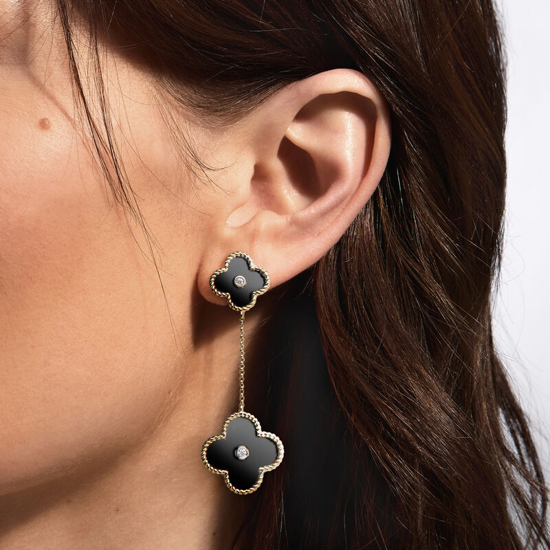 C. 1990 Vintage Onyx Clover Drop Earrings with .10 ct. t.w. Diamonds in 14kt Yellow Gold image number 1