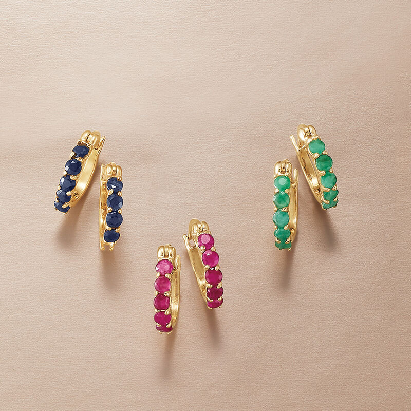 2.60 ct. t.w. Ruby, Emerald and Sapphire Jewelry Set: Three Pairs of Huggie Hoop Earrings in 18kt Gold Over Sterling image number 7
