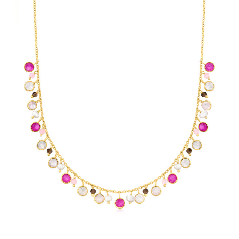 Moonstone, 5mm Cultured Pearl and 8.60 ct. t.w. Multi-Quartz Multi-Drop Necklace in 18kt Gold Over Sterling. 18&quot; image number 1