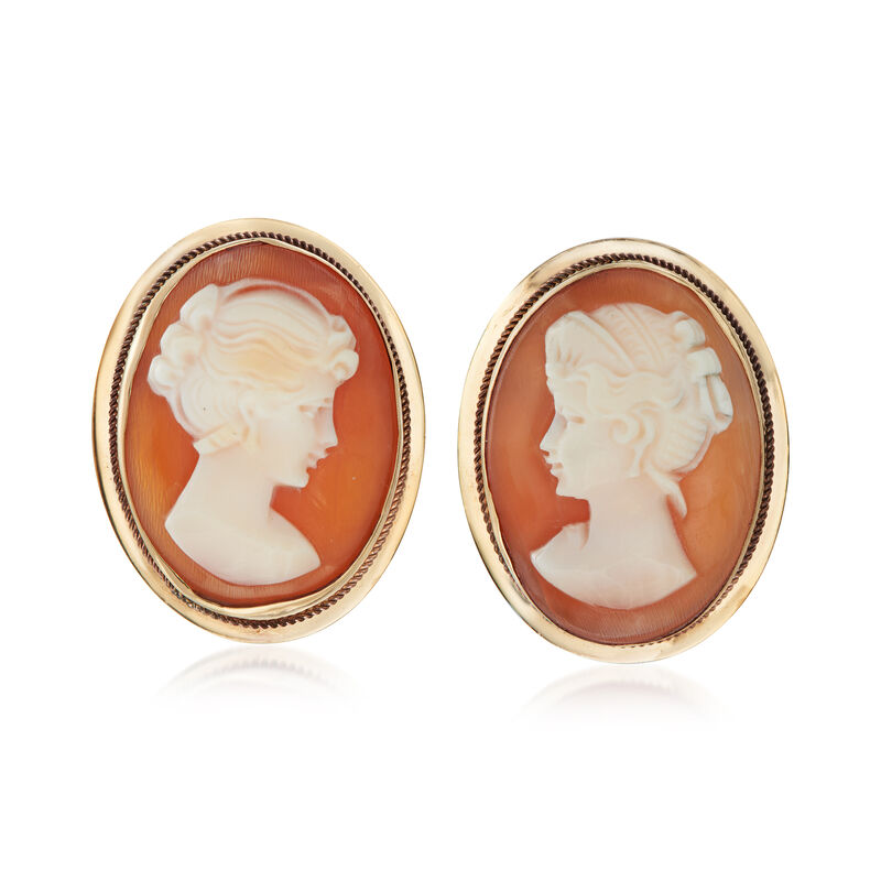C. 1970 Vintage Orange Shell Cameo Clip-On Earrings in 14kt Yellow Gold image number 0
