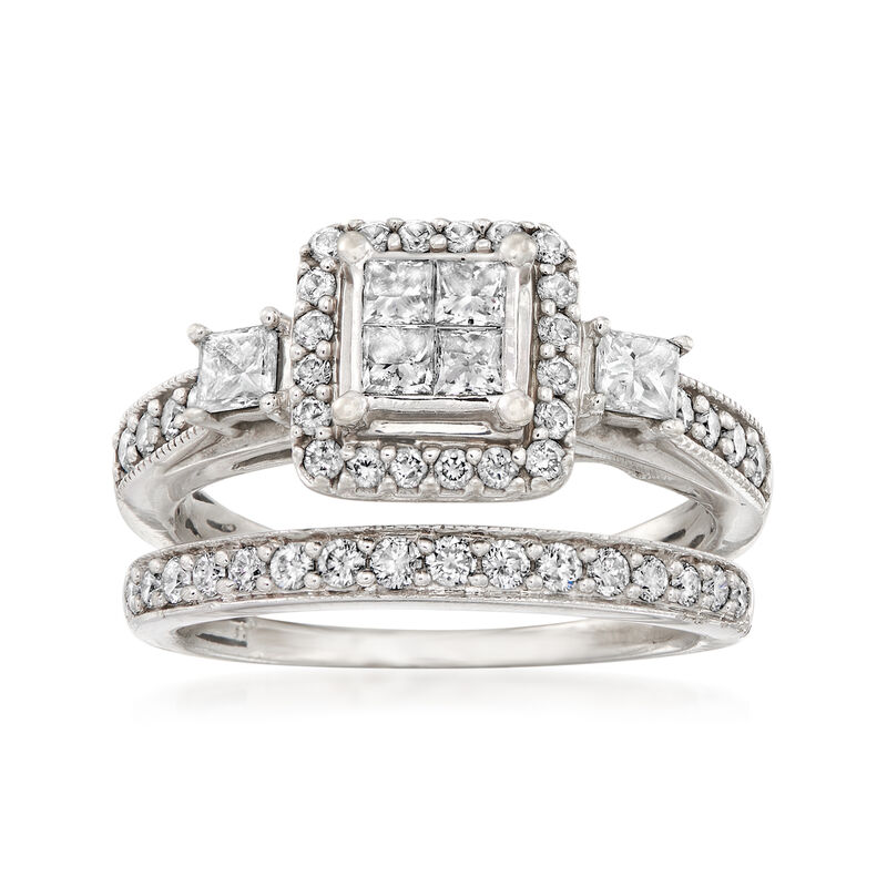 C. 1990 Vintage .90 ct. t.w. Diamond Bridal Set: Engagement and Wedding Rings in 10kt White Gold image number 0