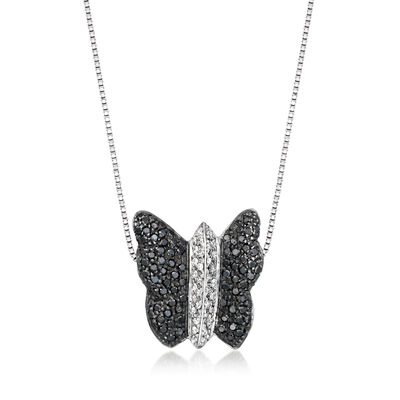 C. 1990 Vintage .75 ct. t.w. Black and White Diamond Butterfly Necklace in 18kt White Gold