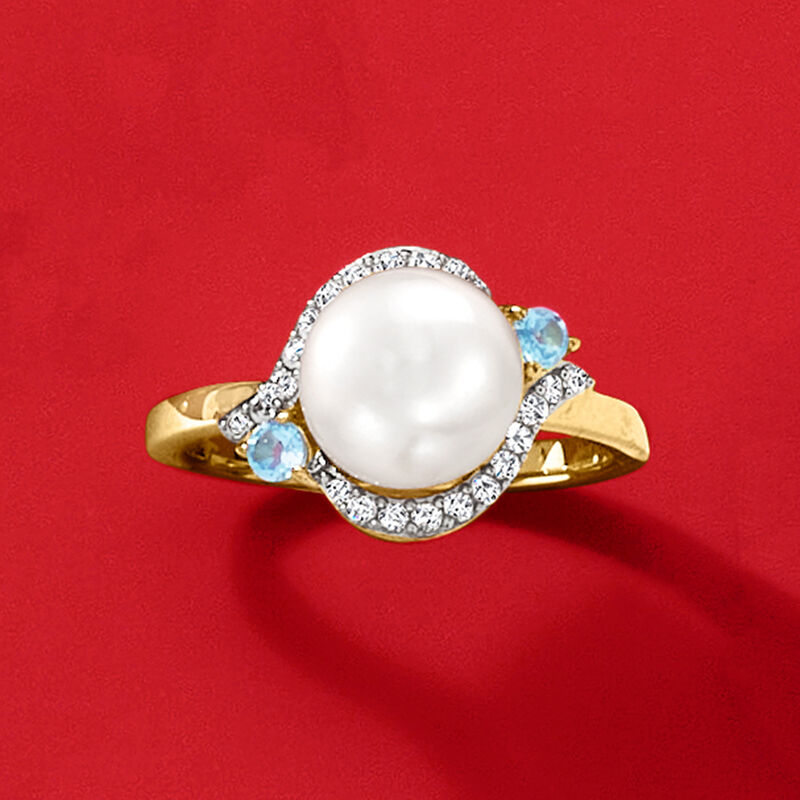 8.5-9mm Cultured Pearl, 2.30 ct. t.w. White Zircon and .10 ct. t.w. Swiss Blue Topaz Ring in 18kt Gold Over Sterling image number 3