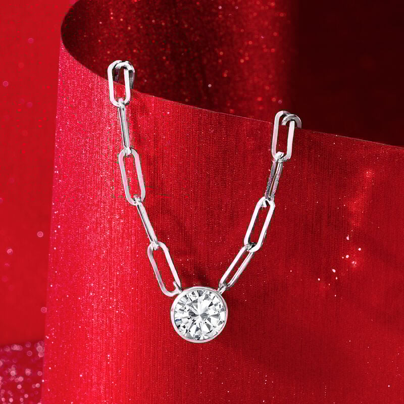 1.00 Carat Bezel-Set Diamond Solitaire Paper Clip Link Necklace in 14kt White Gold image number 2