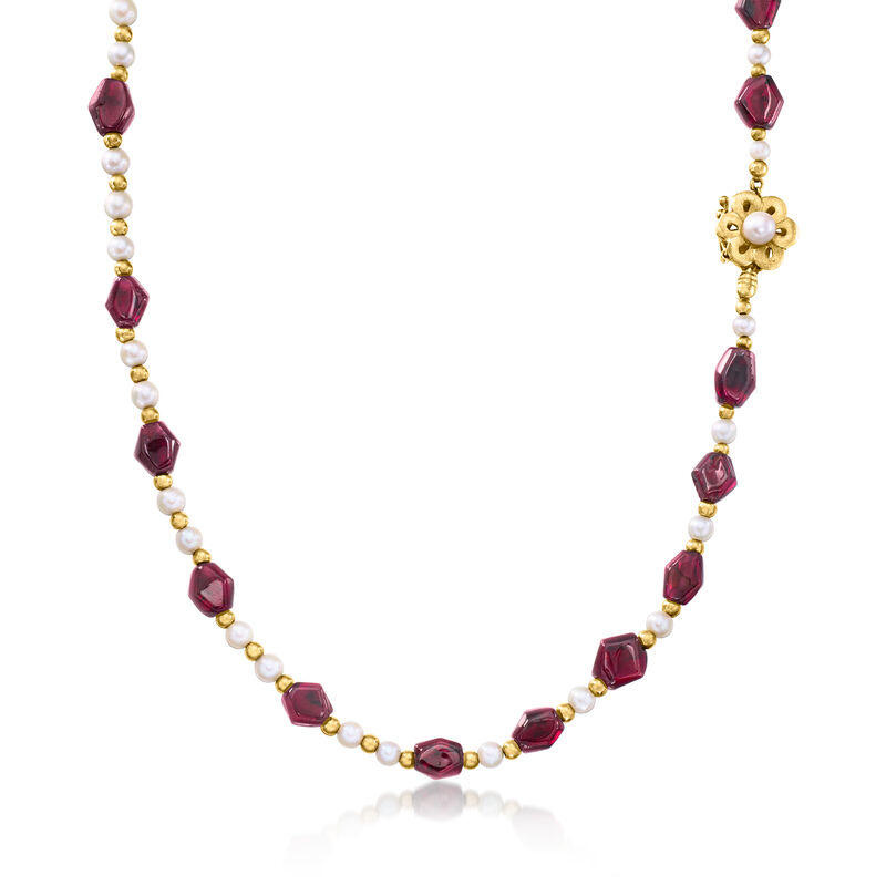 C. 1990 Vintage 3.5-6.5mm Cultured Pearl and 69.00 ct. t.w. Garnet Bead Necklace in 14kt Yellow Gold image number 0