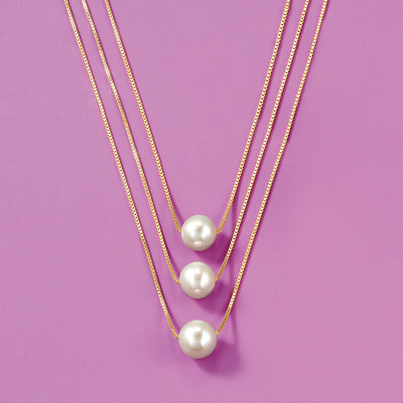 9-9.5mm Cultured Pearl Three-Strand Layered Necklace in 18kt Gold Over Sterling image number 3