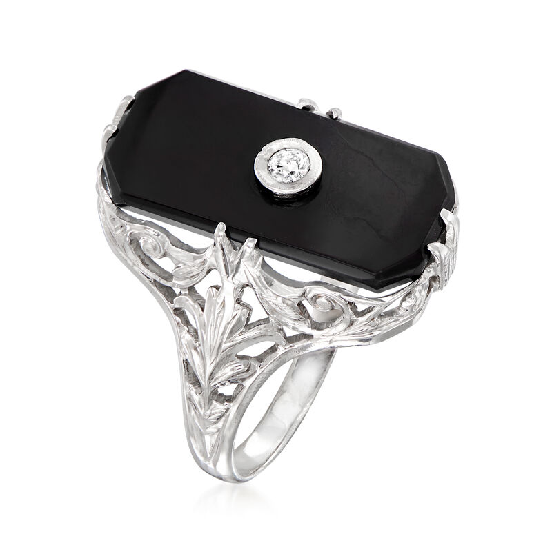 C. 1950 Vintage Black Onyx Ring with Diamond Accent in 14kt White Gold image number 2