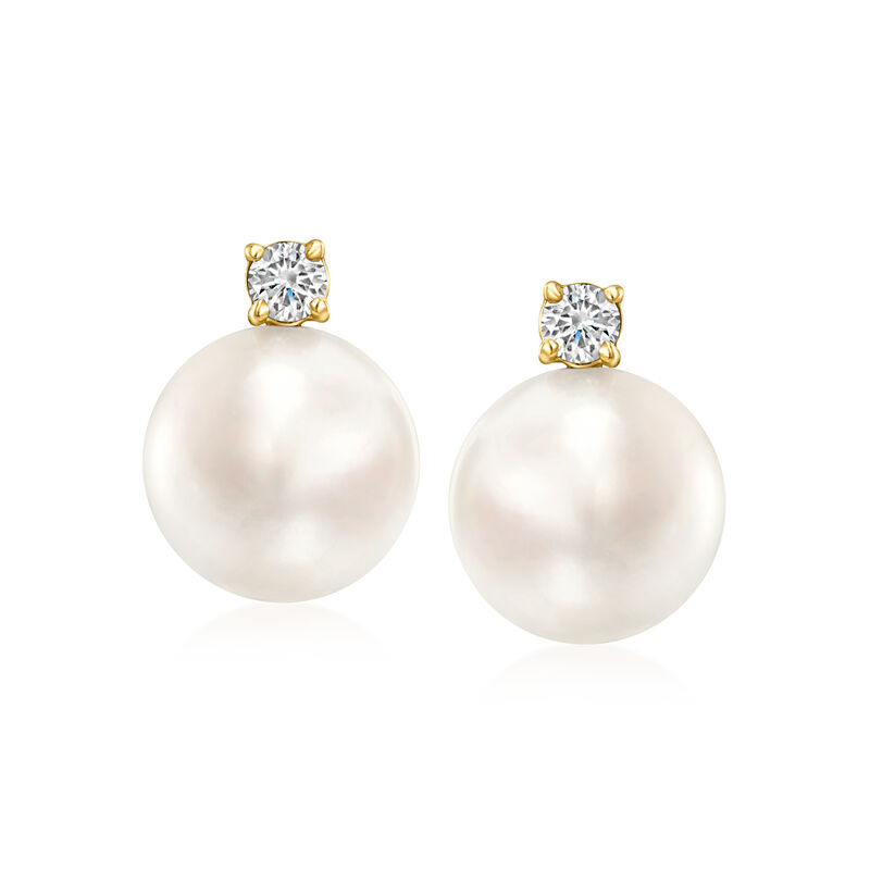 9-9.5mm Cultured Pearl and .15 ct. t.w. Lab-Grown Diamond Earrings in 14kt Yellow Gold  image number 0