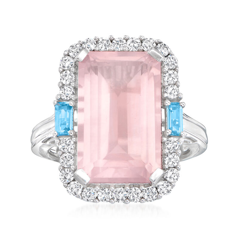 6.75 Carat Rose Quartz, .70 ct. t.w. White Zircon and .10 ct. t.w. Blue Topaz Ring in Sterling Silver image number 0