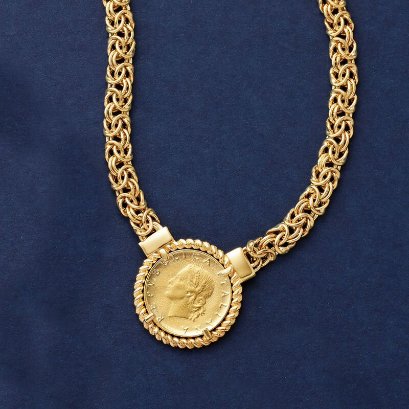 Italian 18kt Gold Over Sterling Replica Lira Coin Byzantine Necklace image number 3