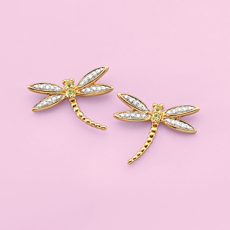 .10 ct. t.w. Diamond Dragonfly Earrings with Peridot Accents in 18kt Gold Over Sterling  image number 2