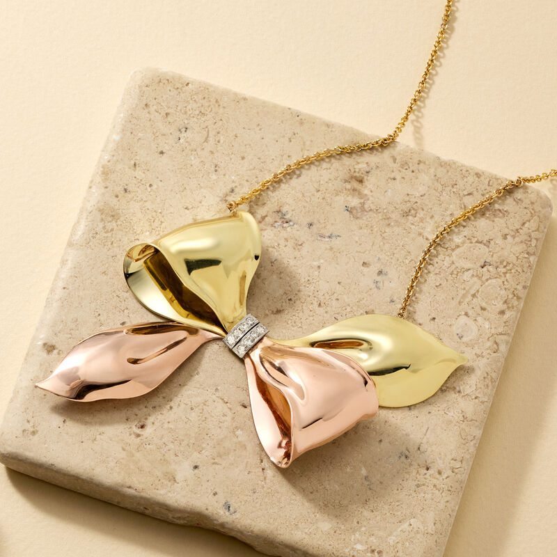 C. 1990 Vintage 14kt Two-Tone Gold Bow Necklace with .25 ct. t.w. Diamonds. 16.5" image number 2