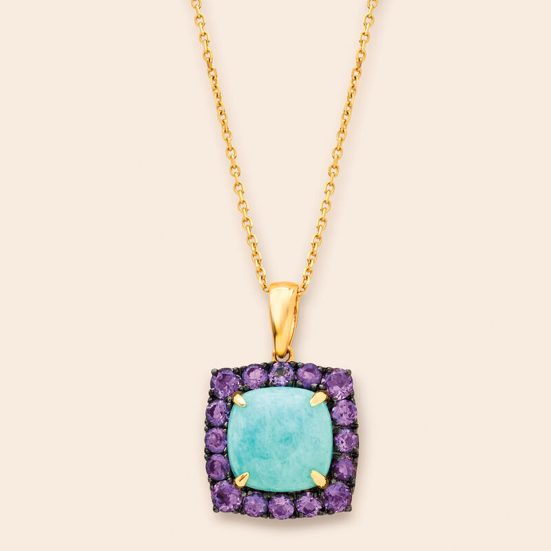 Blue Amazonite and 1.00 ct. t.w. Amethyst Pendant Necklace in 14kt Yellow Gold image number 2