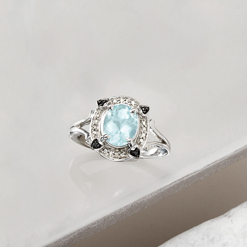 1.60 Carat Aquamarine Ring with Black and White Diamond Accents in Sterling Silver image number 3