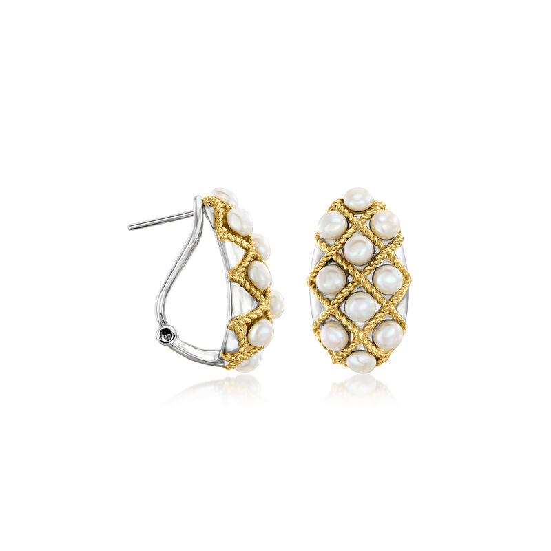 3.5-4mm Cultured Pearl Earrings in Sterling Silver and 18kt Gold Over Sterling image number 2