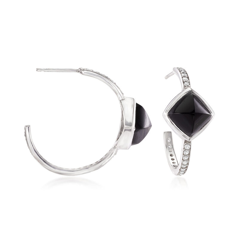 Black Onyx and .50 ct. t.w. White Topaz C-Hoop Earrings in Sterling Silver. 7/8&quot; image number 0