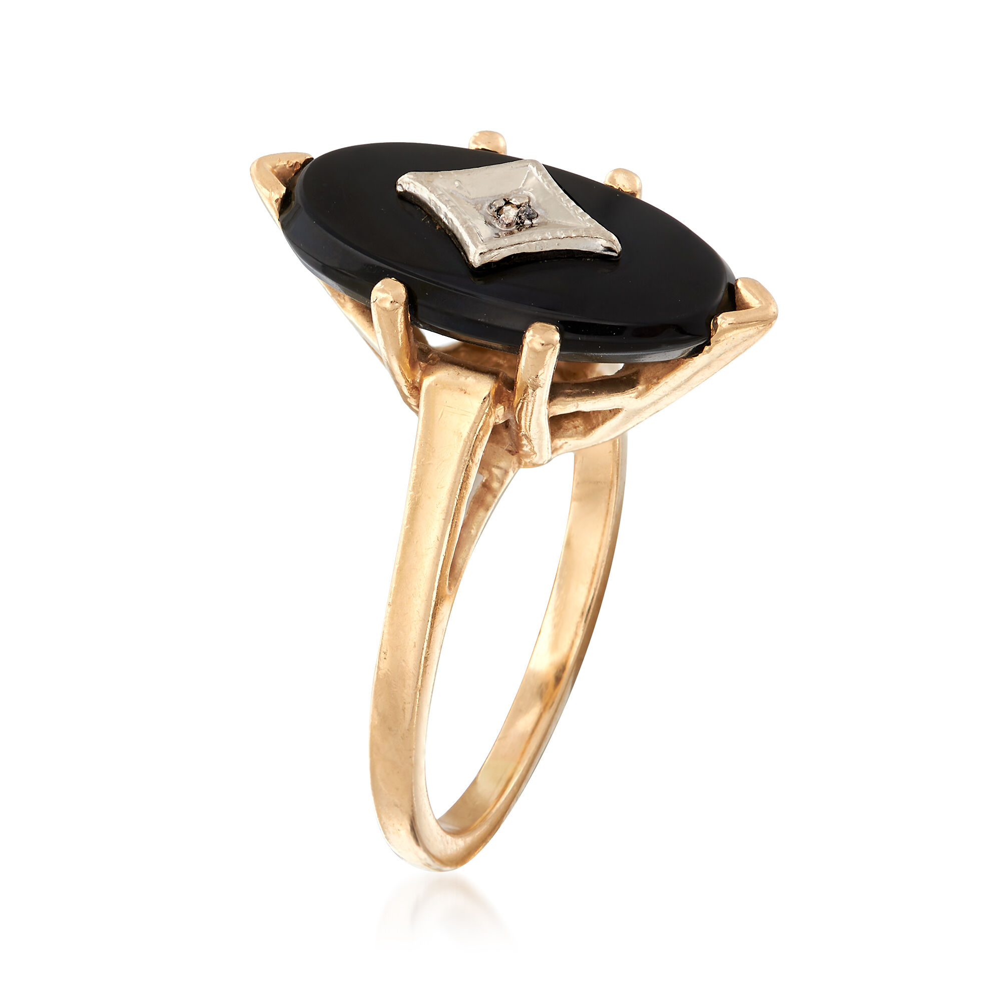 Vintage Oval Onyx Diamond Signet Ring 10k Yellow Gold Size 6.5