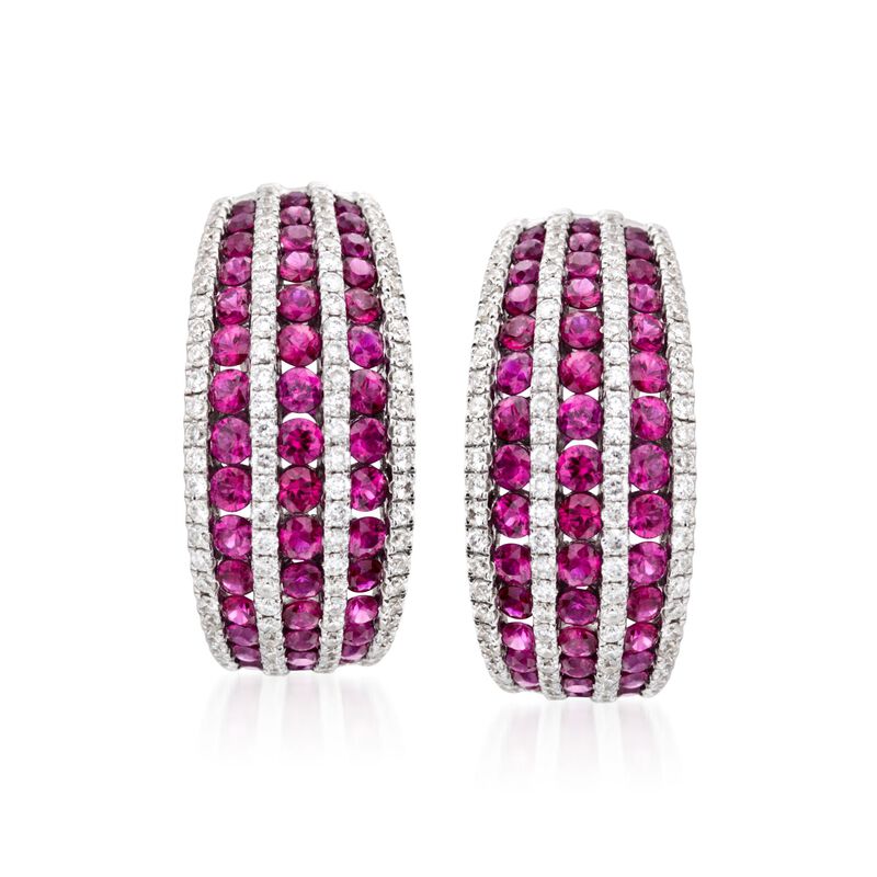 2.70 ct. t.w. Ruby and 1.00 ct. t.w. Diamond Hoop Earrings in 18kt White Gold. 7/8&quot; image number 0