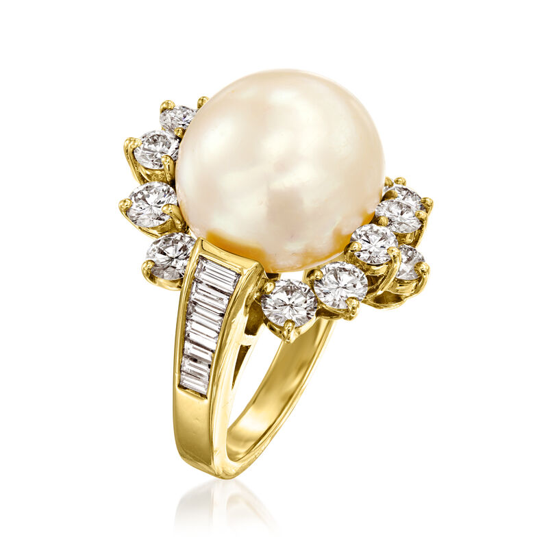 C. 1980 Vintage 13mm Cultured Golden South Sea Pearl and 2.75 ct. t.w. Diamond Ring in 18kt Yellow Gold image number 2