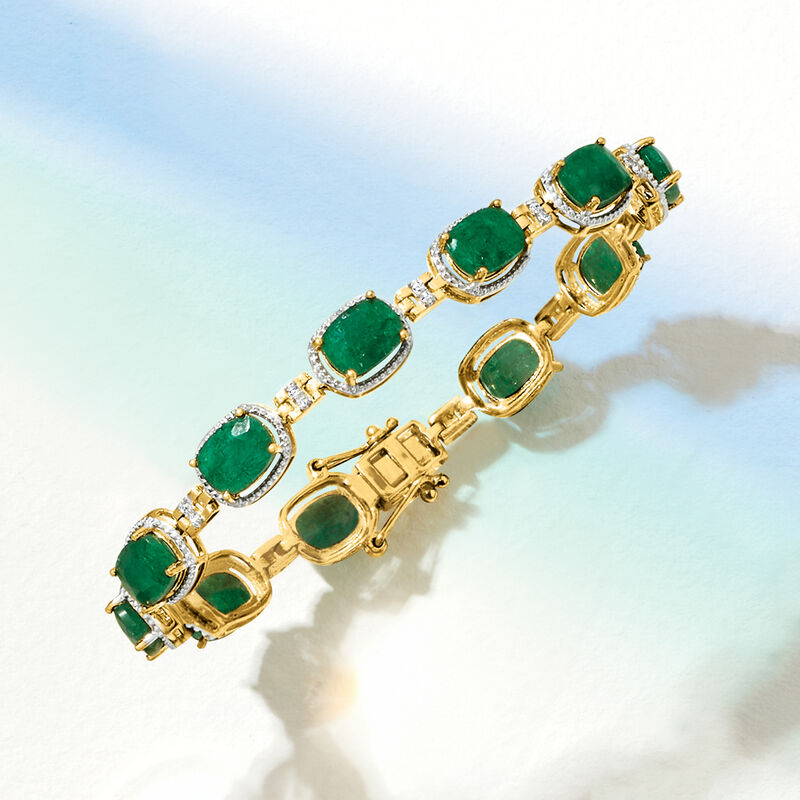 13.00 ct. t.w. Emerald and .21 ct. t.w. Diamond Bracelet in 18kt Gold Over Sterling image number 3