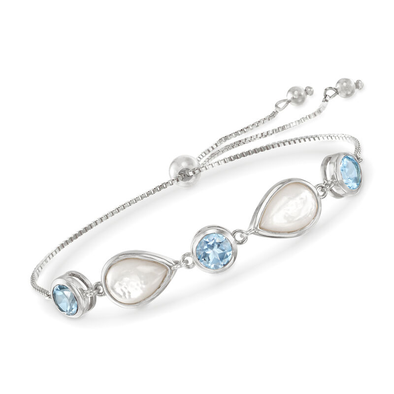Mother-of-Pearl and 6.00 ct. t.w. Sky Blue Topaz Bolo Bracelet in Sterling Silver  image number 0