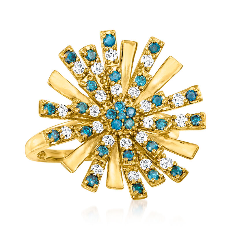 .75 ct. t.w. Blue and White Diamond Flower Ring in 18kt Gold Over Sterling image number 3
