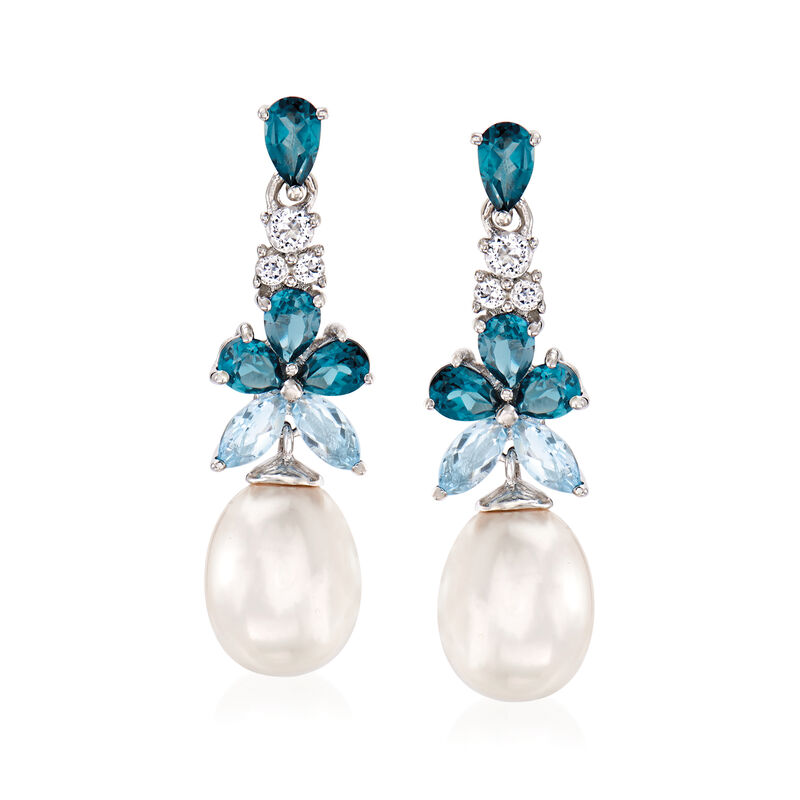 8.5-9mm Cultured Pearl and 2.30 ct. t.w. London, Sky Blue and White Topaz Drop Earrings in Sterling Silver image number 0