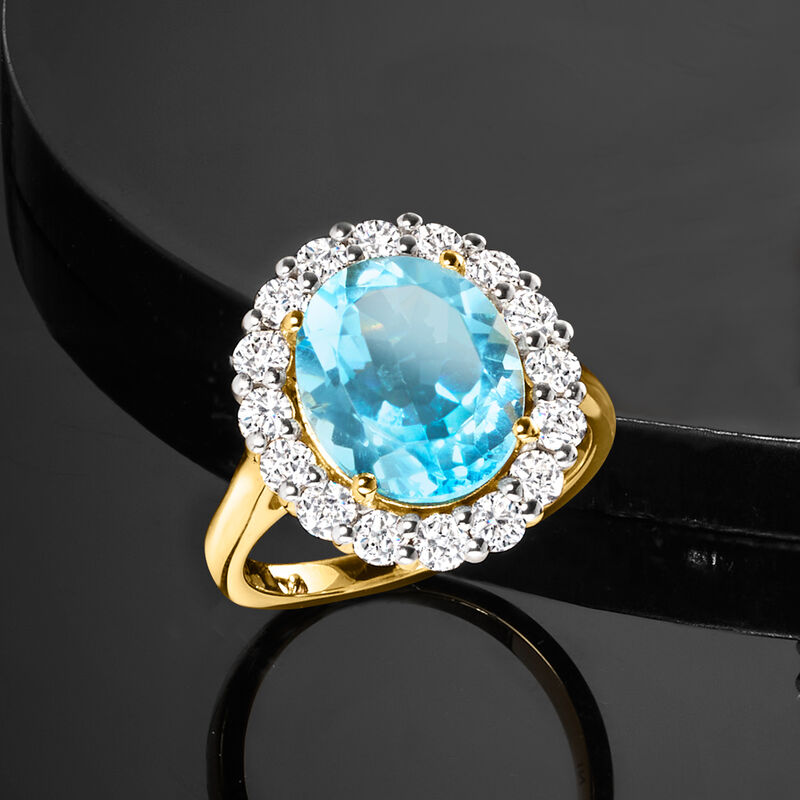 5.00 Carat Sky Blue Topaz Ring with 1.00 ct. t.w. Lab-Grown Diamonds in 18kt Gold Over Sterling image number 3