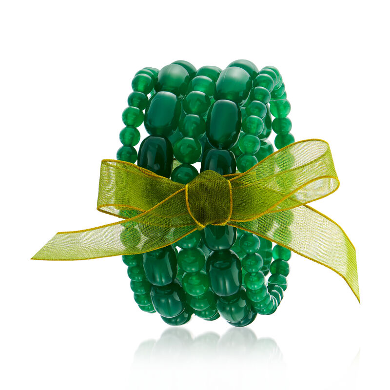 Green Chalcedony Bead Jewelry Set: Five Stretch Bracelets. 7&quot; image number 2
