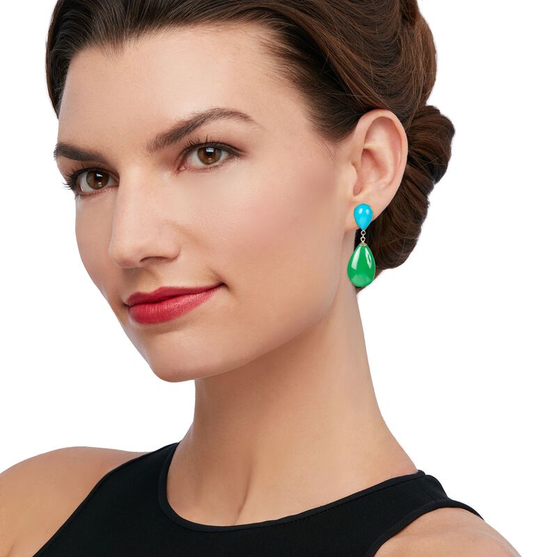 Jade and Simulated Turquoise Teardrop Earrings in 14kt Yellow Gold image number 1