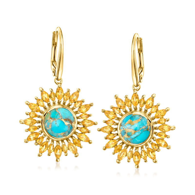 Turquoise and 2.50 ct. t.w. Citrine Sunflower Drop Earrings in 18kt Gold Over Sterling  image number 0