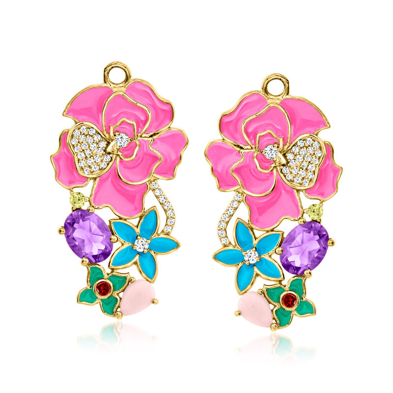 13.40 ct. t.w. Multi-Gemstone and Multicolored Enamel Flower Drop Earrings in 18kt Gold Over Sterling image number 3